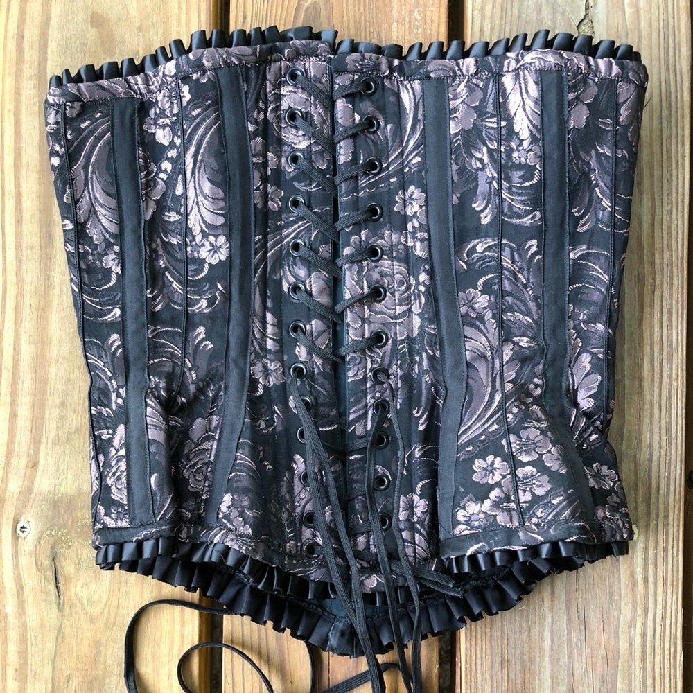 25” Overbust Corset Ruffle Black Pink Lilac Pattern Damask Jacquard Witchy Fairy - Picture 5 of 12